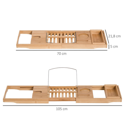 Adjustable bamboo bathtub shelf with cushion, natural wood