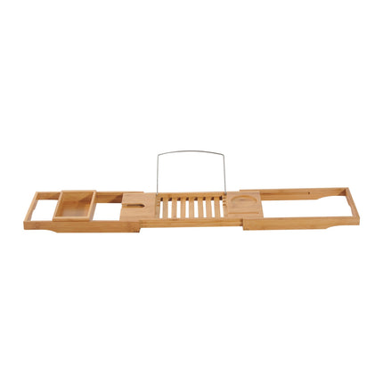 Adjustable bamboo bathtub shelf with cushion, natural wood