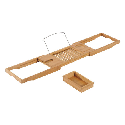 Adjustable bamboo bathtub shelf with cushion, natural wood