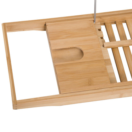 Adjustable bamboo bathtub shelf with cushion, natural wood