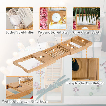 Adjustable bamboo bathtub shelf with cushion, natural wood
