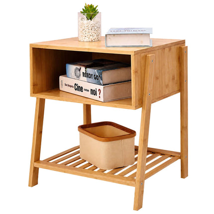 Bamboo Bedside Table with 3 Shelves, Natural Finish