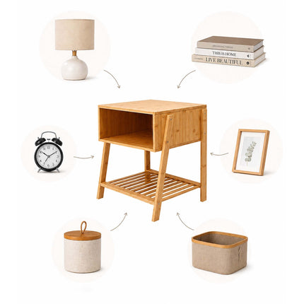 Bamboo Bedside Table with 3 Shelves, Natural Finish