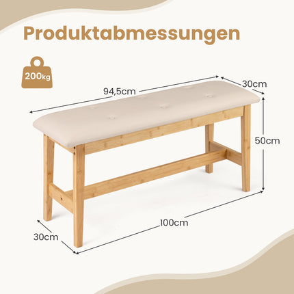 Bamboo Bench with Faux Leather Cushion, 100cm, Beige