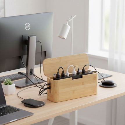 Bamboo Cable Box with Magnetic Lid – Organize & Protect