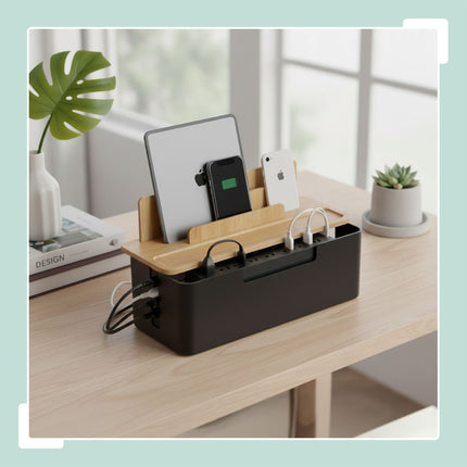 Bamboo Cable Organizer Box with Phone & Tablet Holders