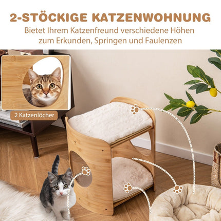 Bamboo Cat Bed with Removable Plush Mats, 2 Levels