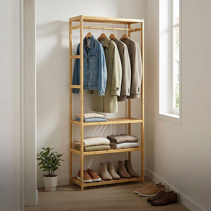 Bamboo Clothes Rack with 4 Shelves, Natural Finish
