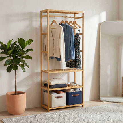 Bamboo Clothes Rack with 4 Shelves, Natural Finish
