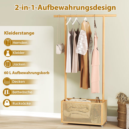 Bamboo Clothes Rack with Rattan Basket & Wheels, 100x32.5x172 cm