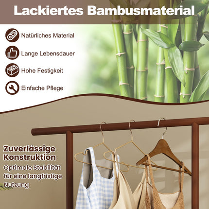 Bamboo Clothes Rack with Rattan Basket & Wheels, Brown