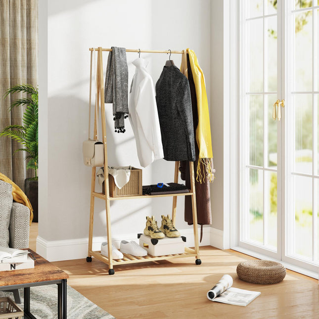 Bamboo Clothes Rack with Wheels, 112cm Hanging Height