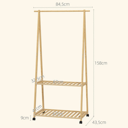 Bamboo Clothes Rack with Wheels, 112cm Hanging Height