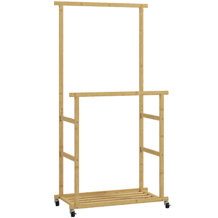 Bamboo Clothes Rack with Wheels, Dual Rods, Shoe Shelf