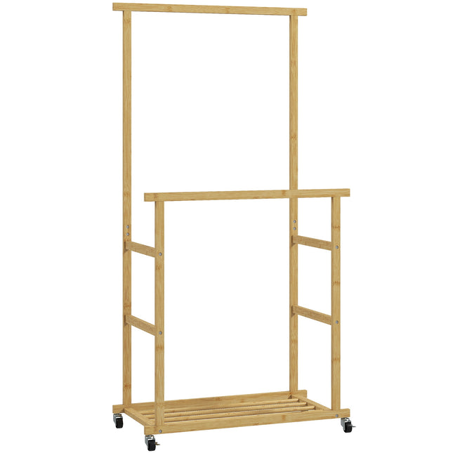 Bamboo Clothes Rack with Wheels, Dual Rods, Shoe Shelf