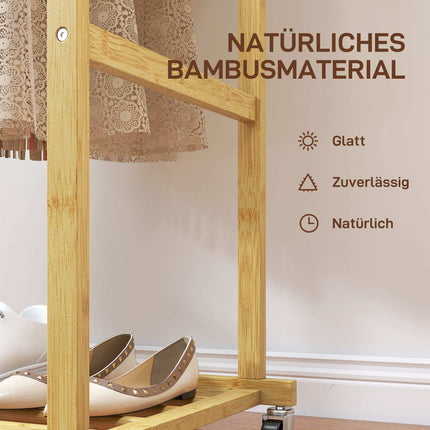 Bamboo Clothes Rack with Wheels, Dual Rods, Shoe Shelf