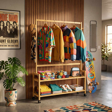 Bamboo Clothes Trolley with Shelves and Hooks