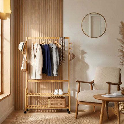 Bamboo Clothes Trolley with Shelves and Hooks