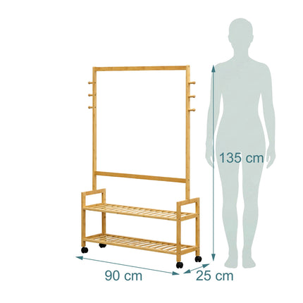 Bamboo Clothes Trolley with Shelves and Hooks