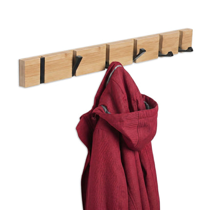 Bamboo Coat Rack With Folding Hooks, Black Accents