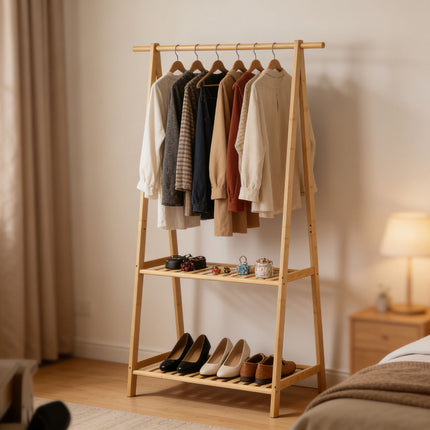 Bamboo Coat Rack with 2 Shelves, Natural Finish