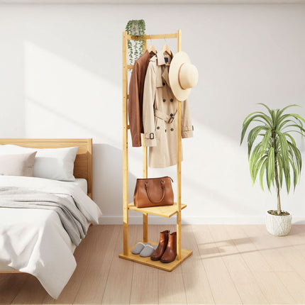 Bamboo Coat Rack with 2 Shelves and 3 Hooks