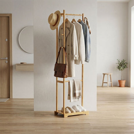 Bamboo Coat Rack with Hooks, Natural Finish