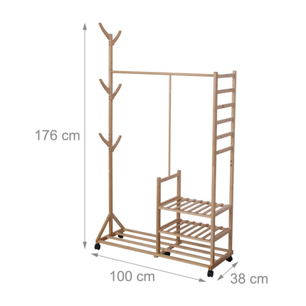 Bamboo Coat Rack with Shelves, Hooks, and Wheels