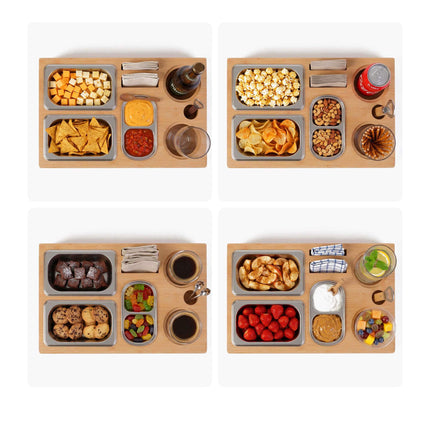 Bamboo Couch Snack Bar – 3 Stainless Bowls, Cup Holders