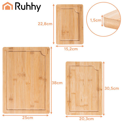 Bamboo Cutting Board Set with Stand – 3 Sizes, Drainage Grooves