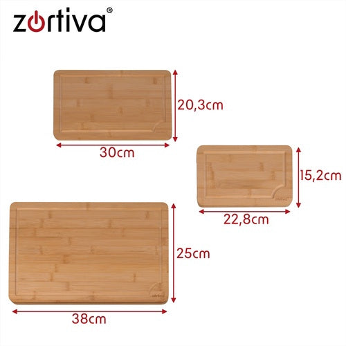 Zestaw desek do krojenia z bambusa ze stojakiem – 3 rozmiary, rowki odpływowe