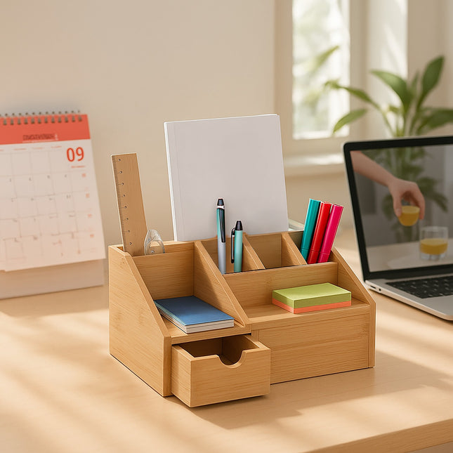 Bamboo Desk Organiser with Drawer, 6 Compartments