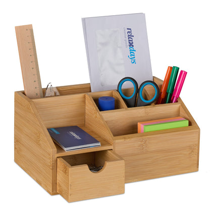 Bamboo Desk Organiser with Drawer, 6 Compartments