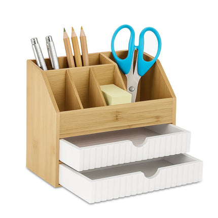 Bamboo Desk Organizer with 2 Drawers and 5 Compartments