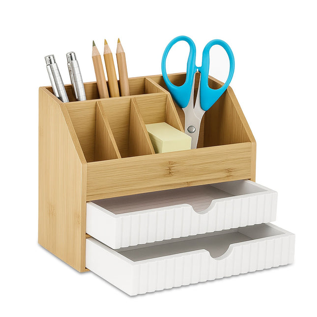 Bamboo Desk Organizer with 2 Drawers and 5 Compartments