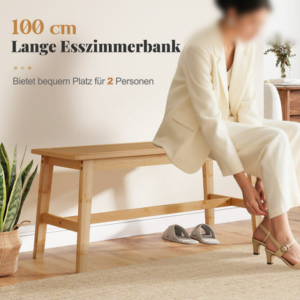 Bamboo Dining Bench with Rattan Seat, 100cm, Natural
