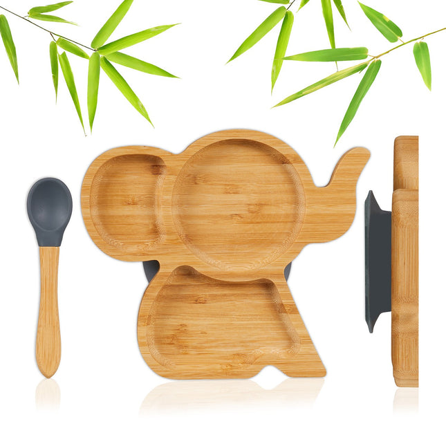 Bamboo Elephant Toddler Plate & Spoon Set, Non-Slip