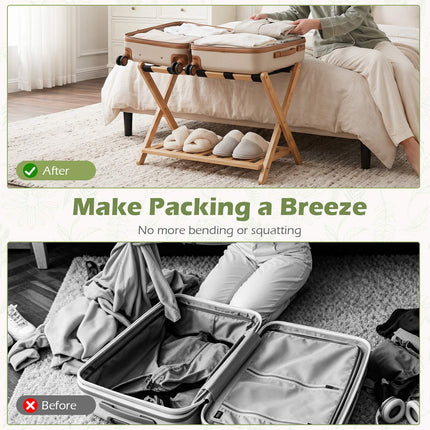 Bamboo Folding Luggage Rack with Straps and Shelves
