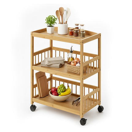 Bamboo Kitchen Cart, 3-Shelf Slim Rolling Trolley