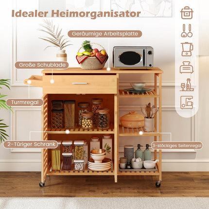 Bamboo Kitchen Cart with Drawer and Wheels, 104x40x89 cm