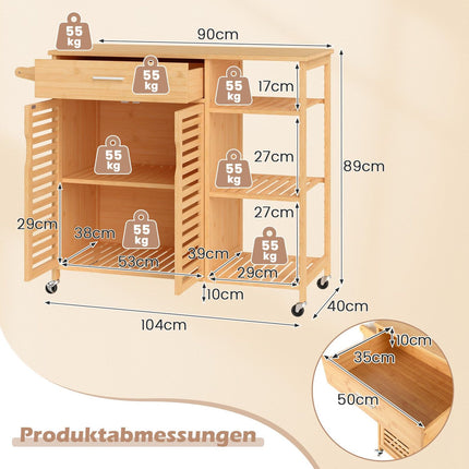 Bamboo Kitchen Cart with Drawer and Wheels, 104x40x89 cm