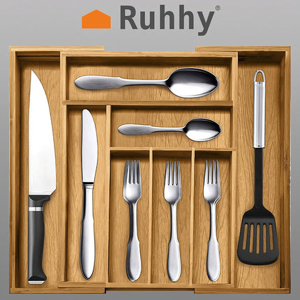 Bamboo Kitchen Drawer Organizer, Adjustable 6-8 Compartments
