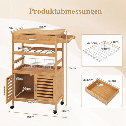 Bamboo Kitchen Island Trolley with Storage Cabinet & Wine Rack