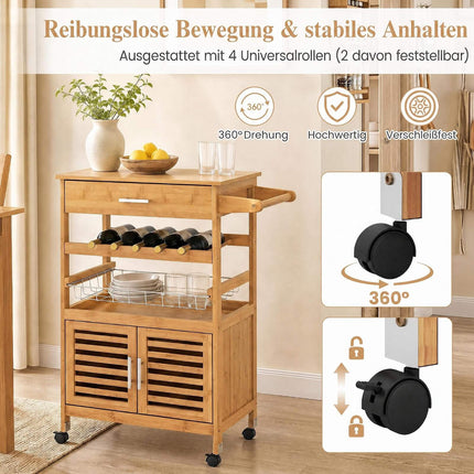 Bamboo Kitchen Island Trolley with Storage Cabinet & Wine Rack