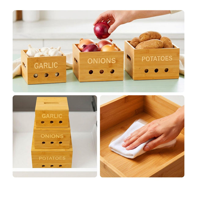 Bamboo Kitchen Storage Box Set – Potato, Onion, Garlic