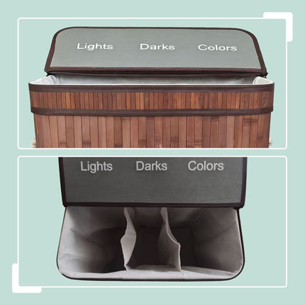 Bamboo Laundry Basket, 3 Compartments, Foldable