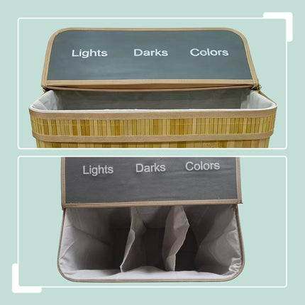 Bamboo Laundry Basket, 3 Compartments, Foldable