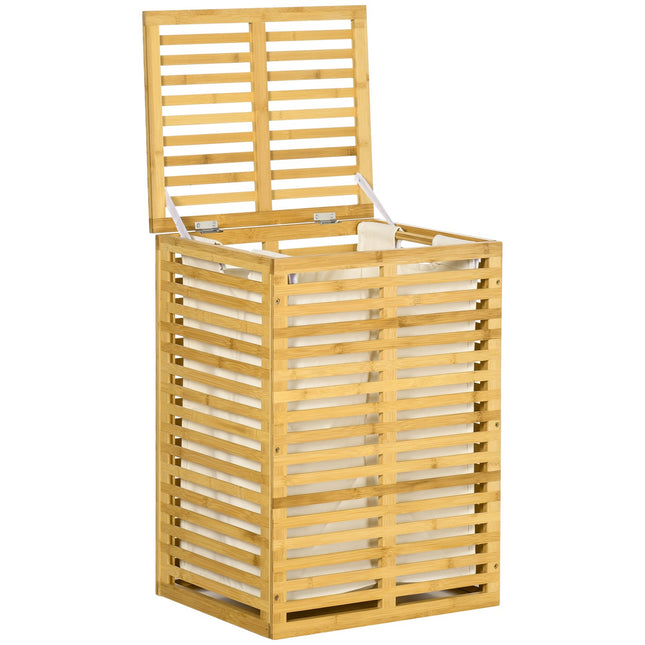 Bamboe wasmand met 63 l wasmand met deksel afneembare waszak, stang, wasmanden wasbox voor wasruimte slaapkamer badkamer natuurlijk hout | Aosoom