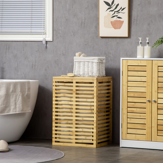 Bamboe wasmand met 63 l wasmand met deksel afneembare waszak, stang, wasmanden wasbox voor wasruimte slaapkamer badkamer natuurlijk hout | Aosoom