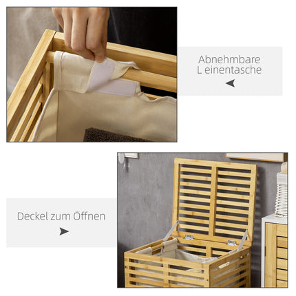 Bamboo laundry basket with lid and removable bag, 63L capacity